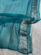 Deep Sea Green & Light Sea Green Pure khaddi Chiffon Silk Banarasi Border Booti Saree