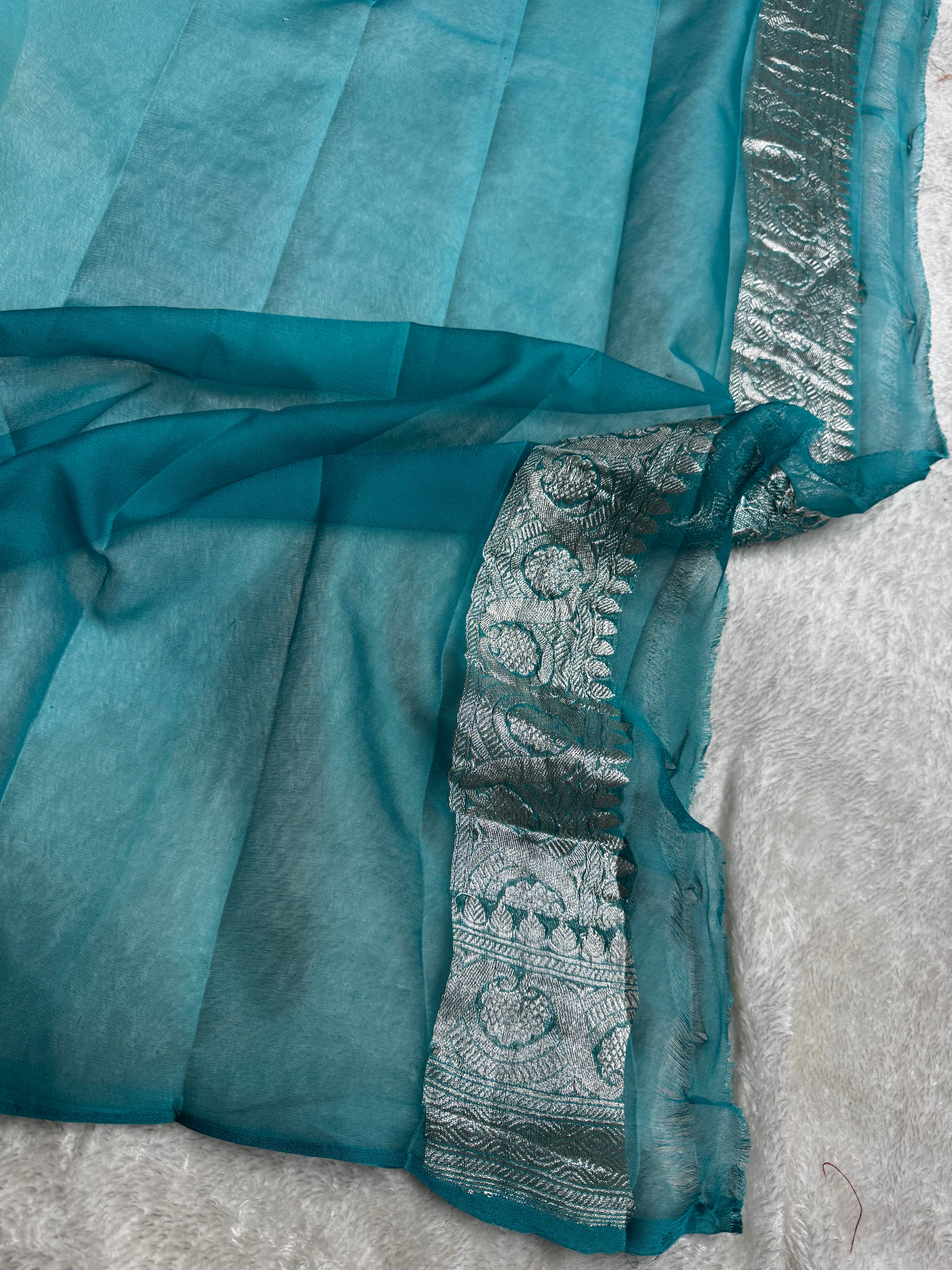 Deep Sea Green & Light Sea Green Pure khaddi Chiffon Silk Banarasi Border Booti Saree