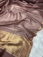 Brown Pure Kora Organza Silk Banarasi Saree