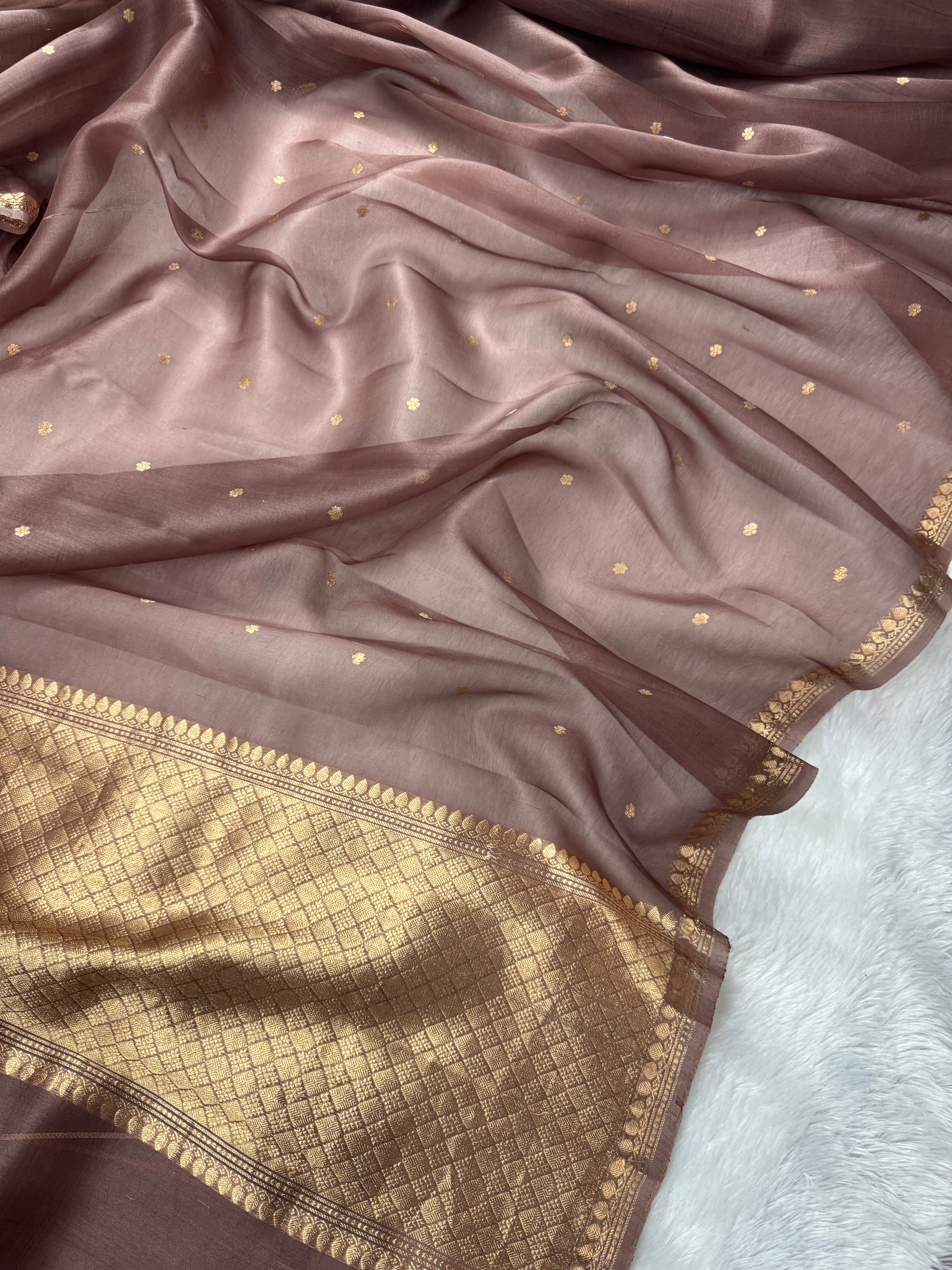 Brown Pure Kora Organza Silk Banarasi Saree