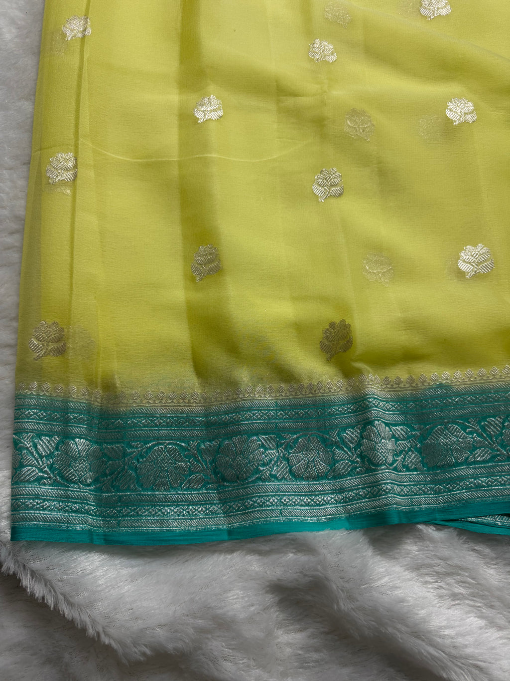 Lemon & Sea Green Pure Khaddi Chiffon Silk Banarasi Saree