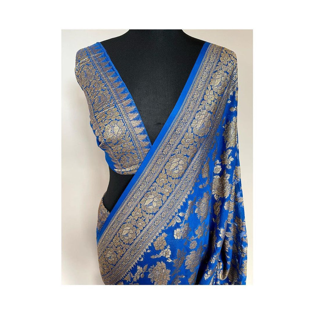 Royal Blue Pure Khaddi Georgette Silk Banarasi Saree