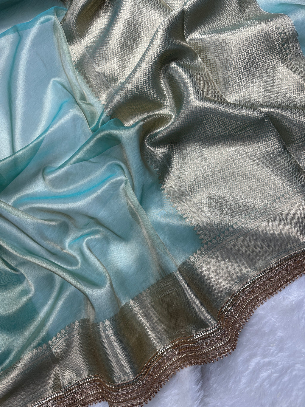 Soft Sea Green Beautiful Lace Border Tissue Silk Banarasi Saree