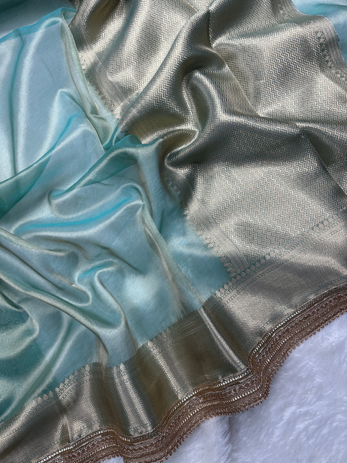 Soft Sea Green Beautiful Lace Border Tissue Silk Banarasi Saree