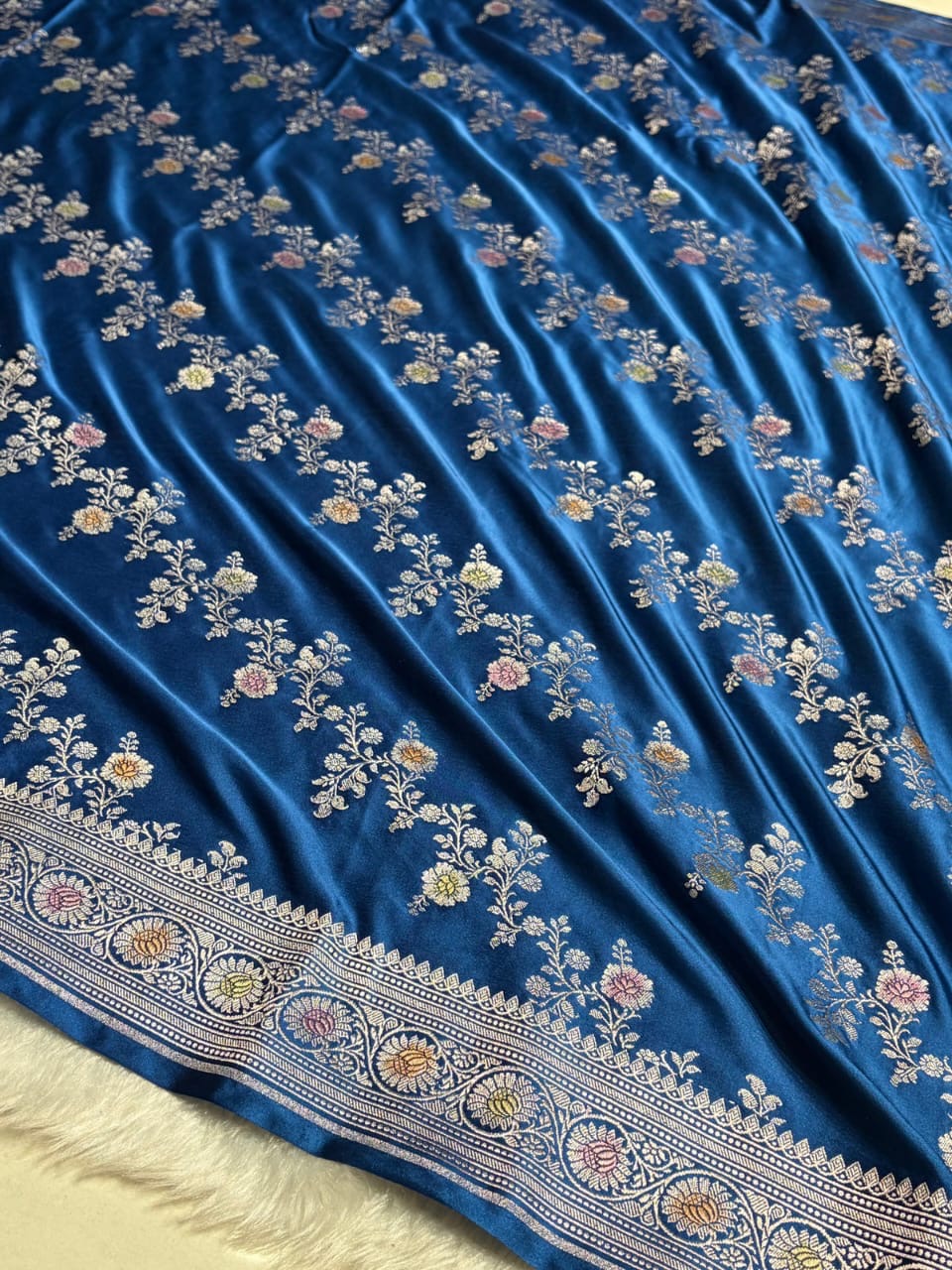 Deep Teal Blue Meenakari Mashru Katan Silk Banarasi Saree