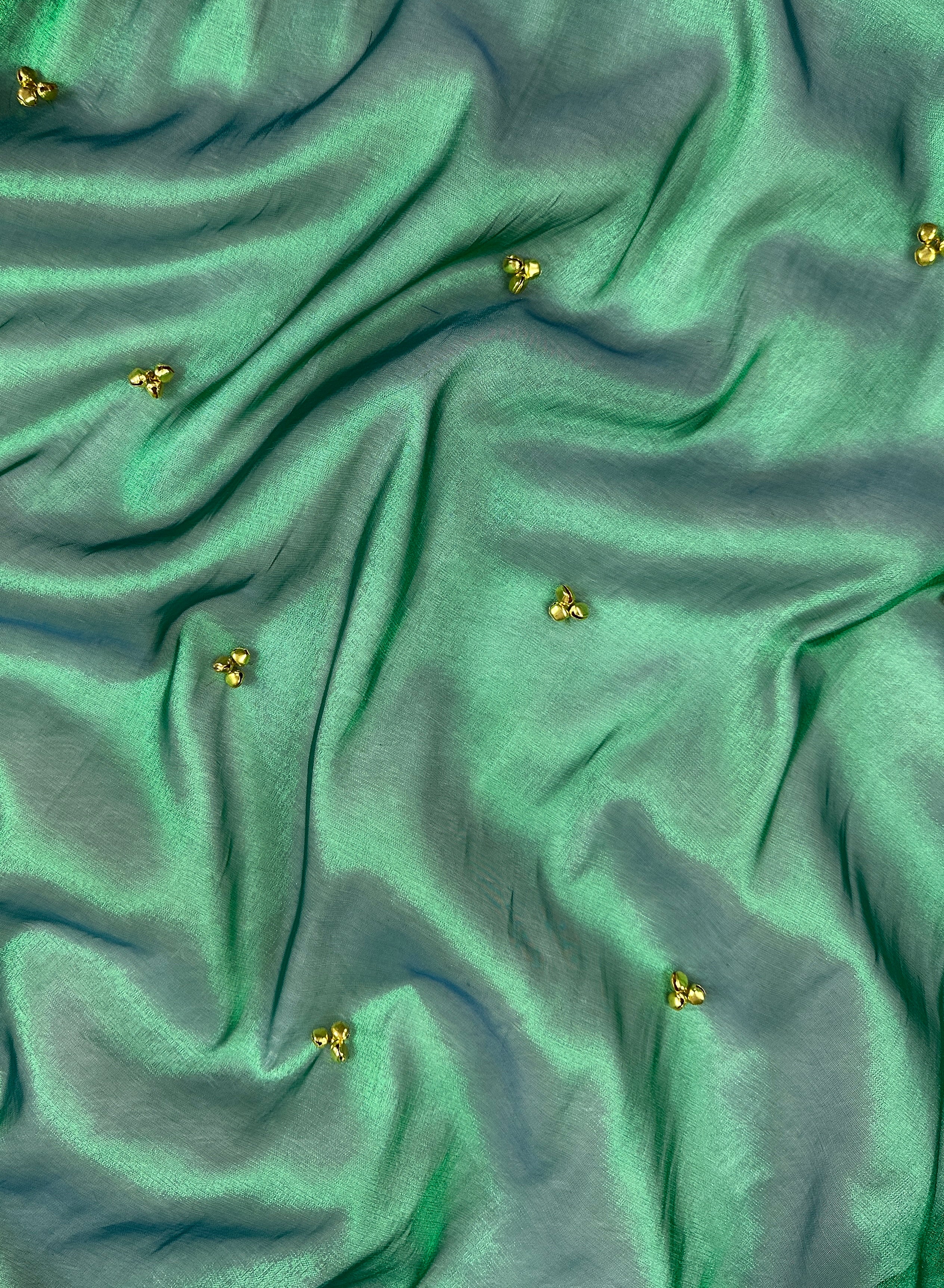 Emerald Green Tissue Silk Saree With Golden Ghungroo Butti Work & Luxury Lace Border