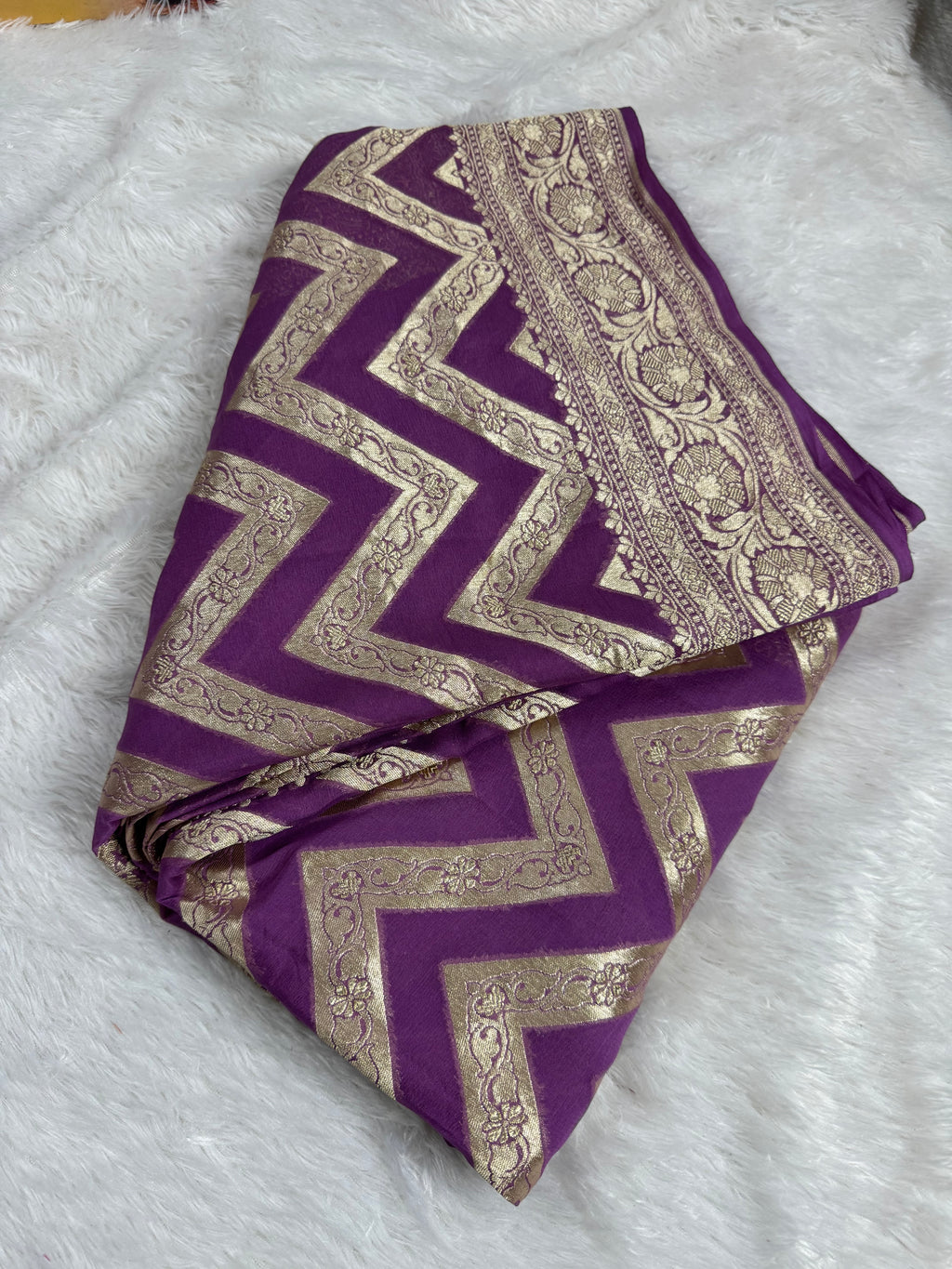 Regel Purple Pure Khaddi Georgette Silk Banarasi Stripe Saree