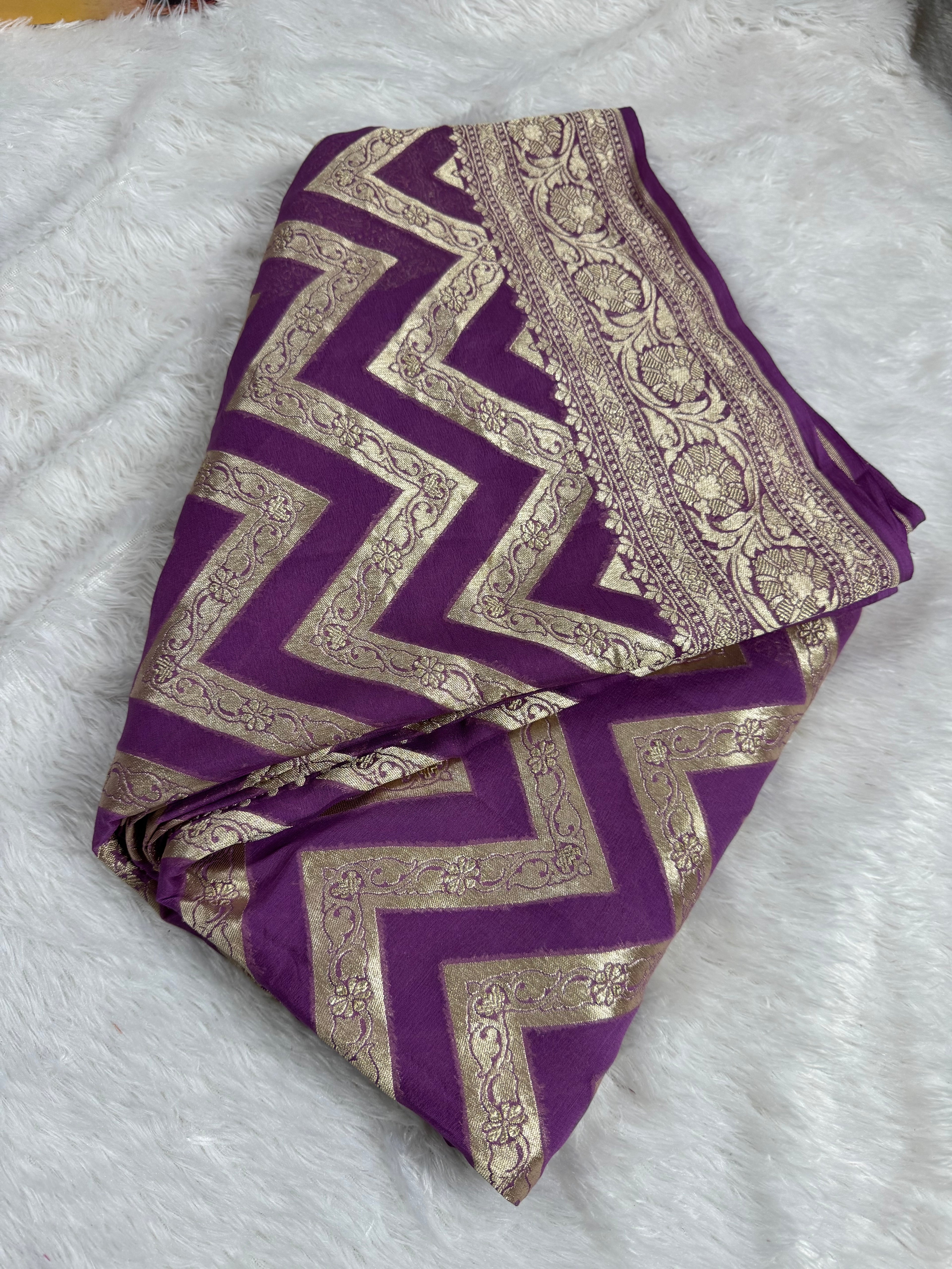 Regel Purple Pure Khaddi Georgette Silk Banarasi Stripe Saree