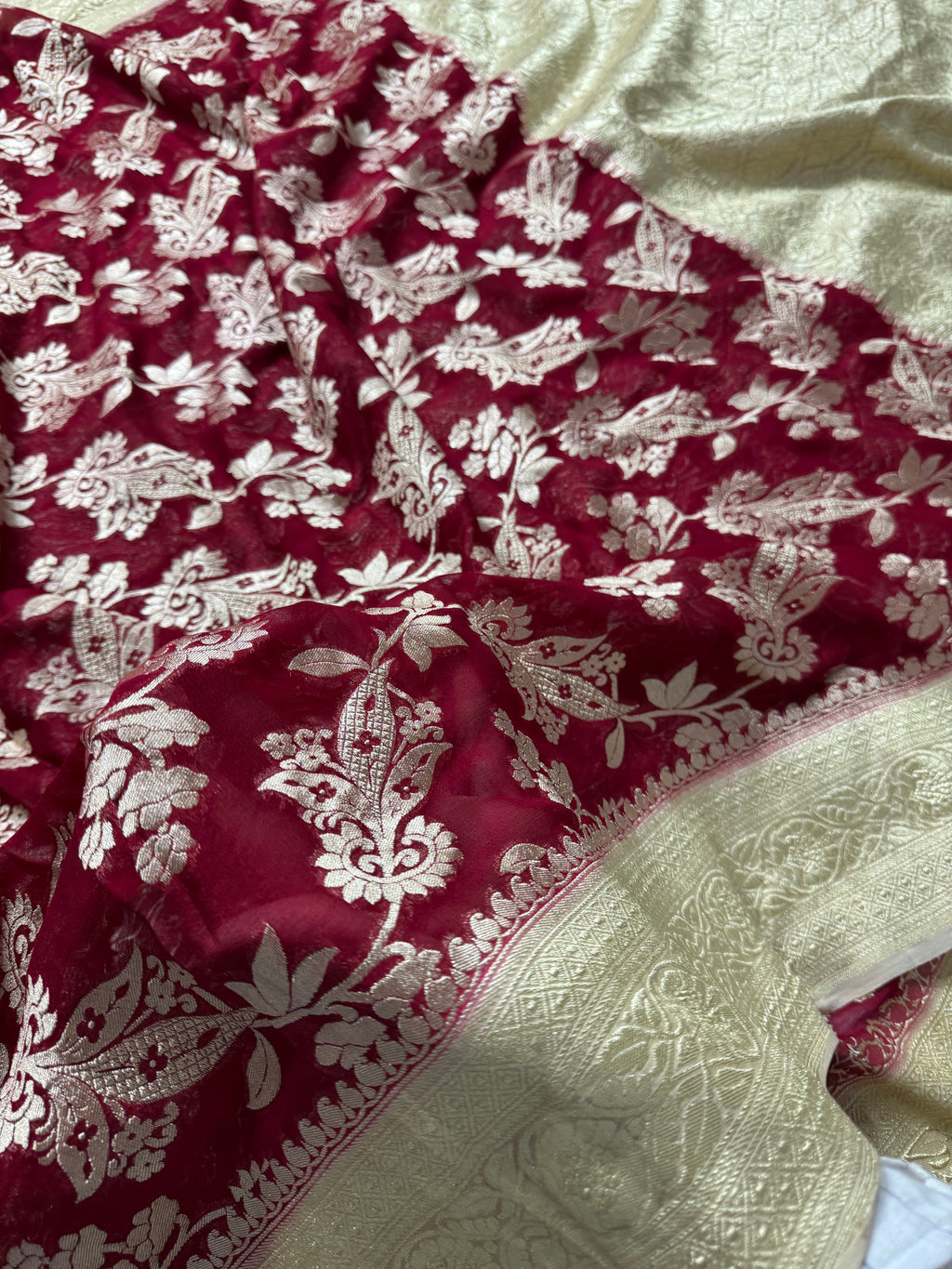 Maroon & Tusser Pure Khaddi Georgette Silk Banarasi Saree