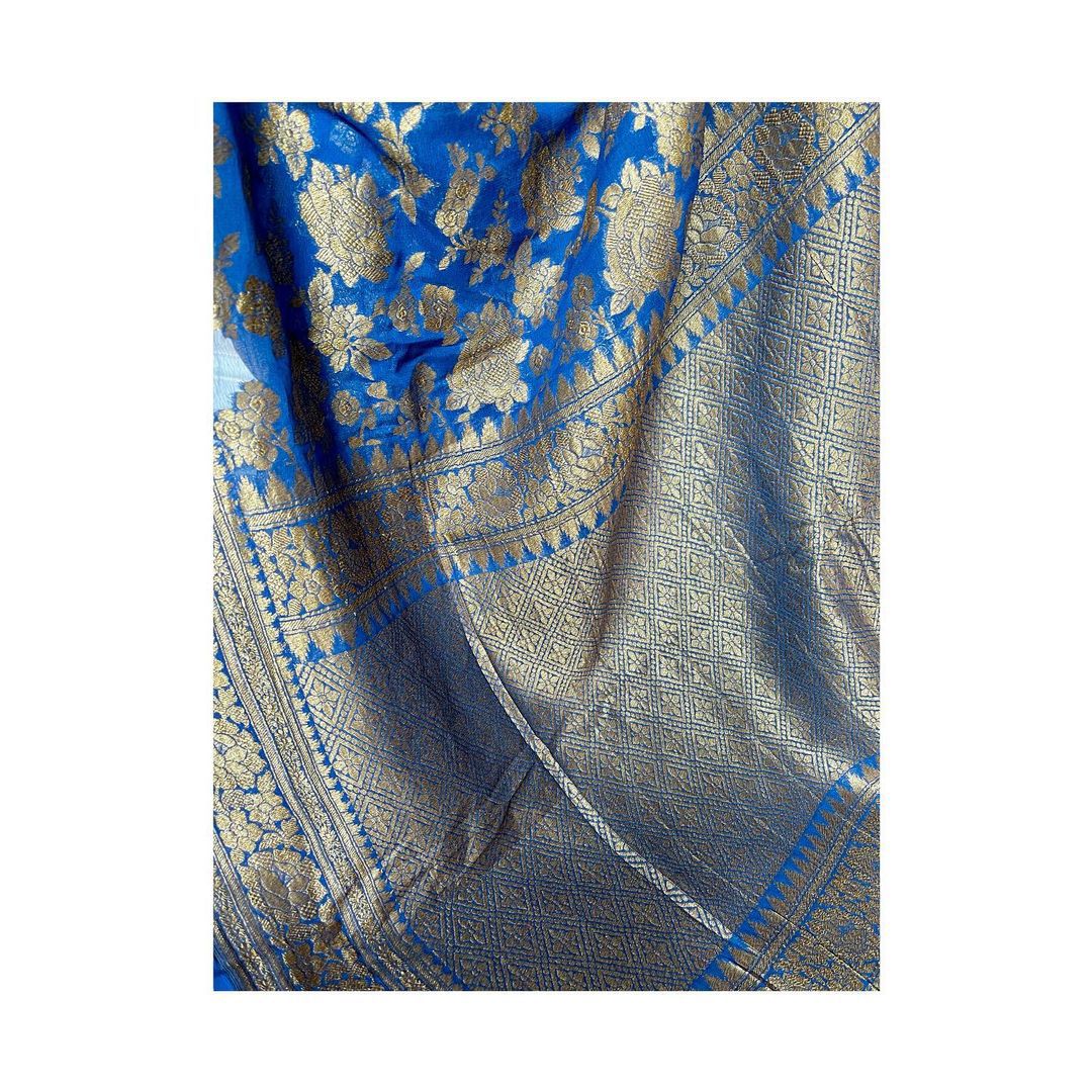 Royal Blue Pure Khaddi Georgette Silk Banarasi Saree
