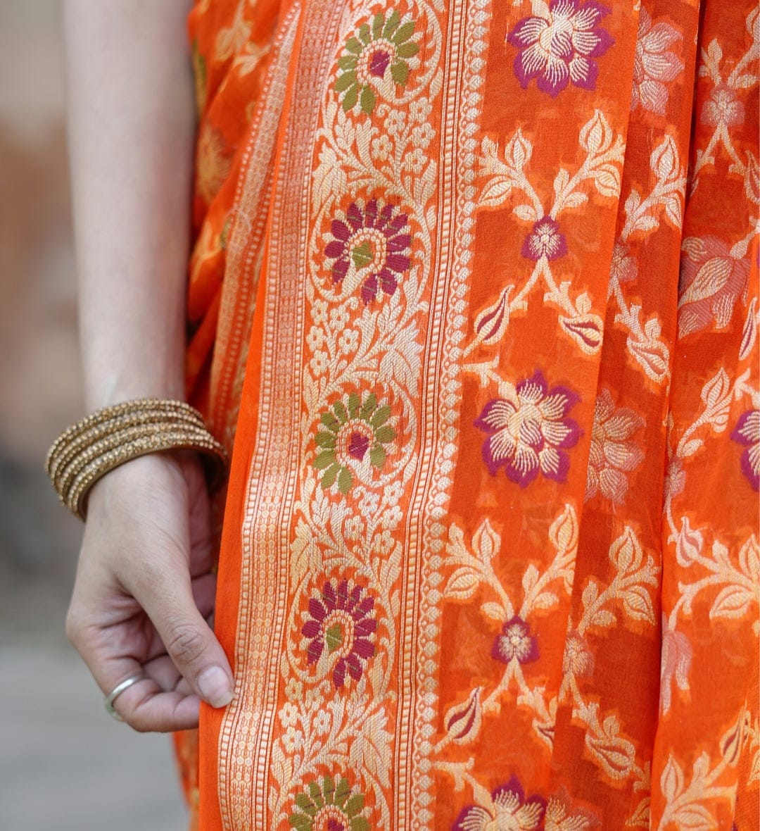 Fanta Orange Pure Khaddi Chiffon Silk Banarasi Saree