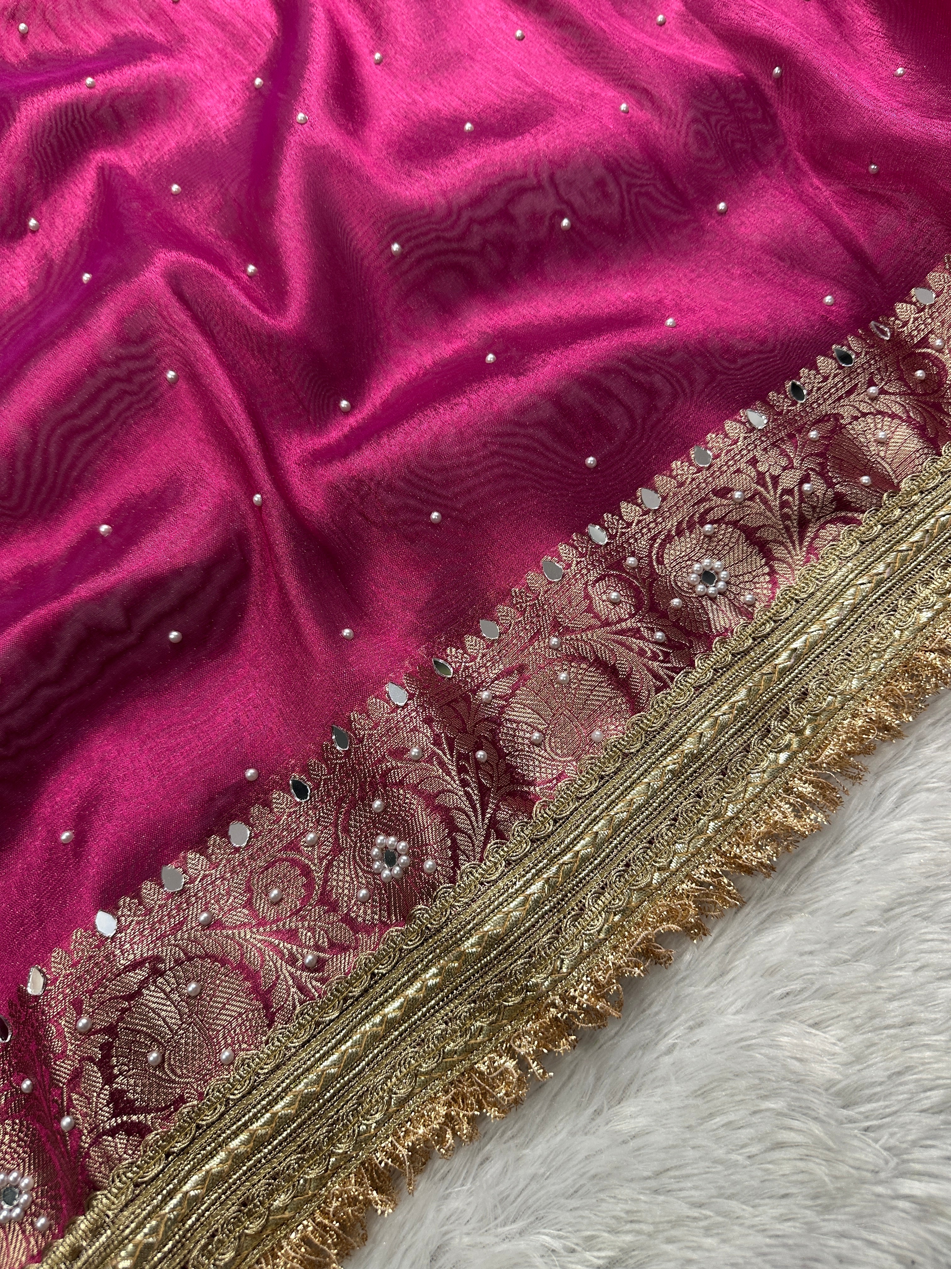 Wine Magenta Tissue Silk Saree With Mirror Work & Designer Lace Border