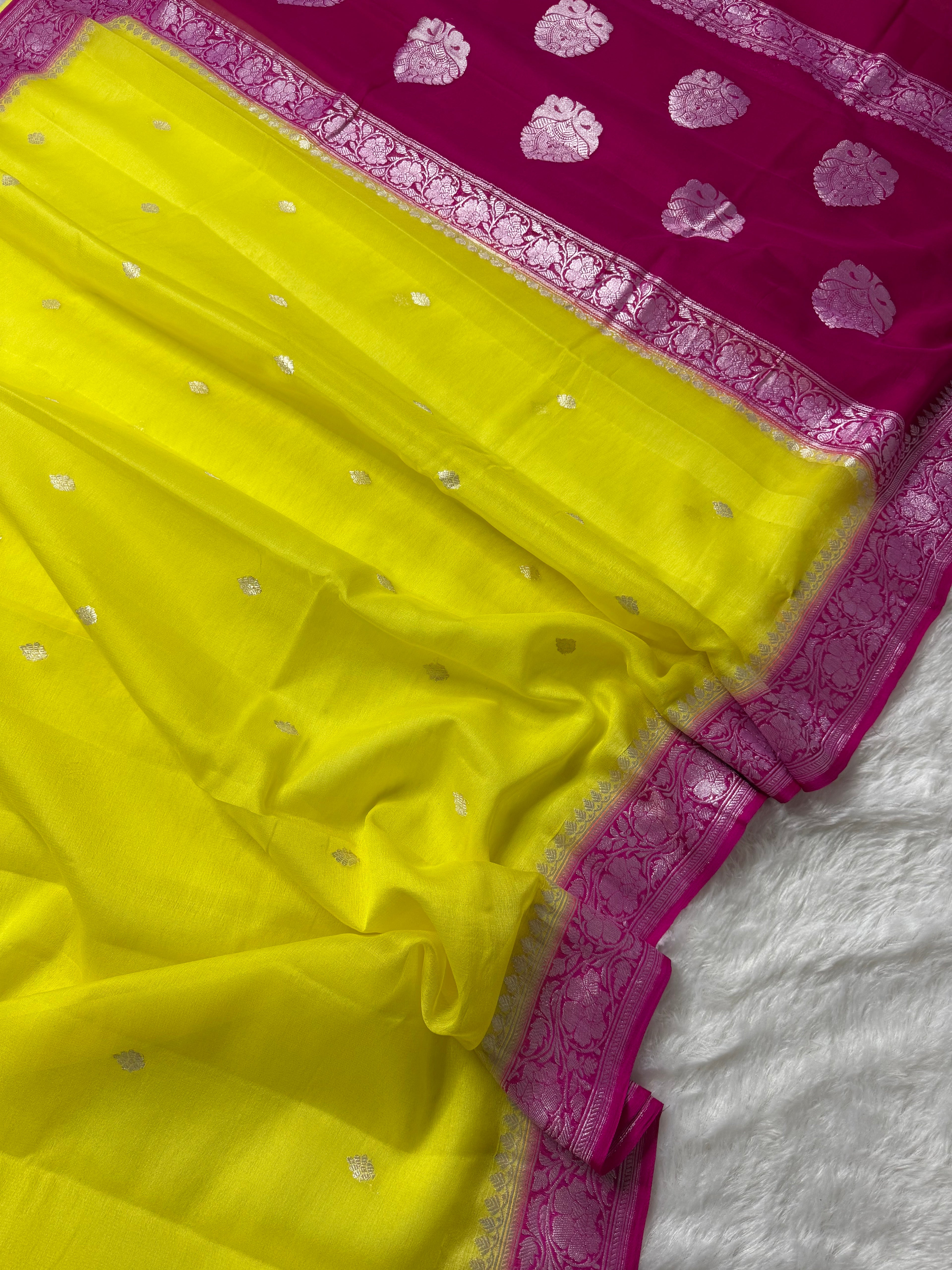 Yellow & Rani Pink Pure Khaddi Chiffon Silk Banarasi Saree