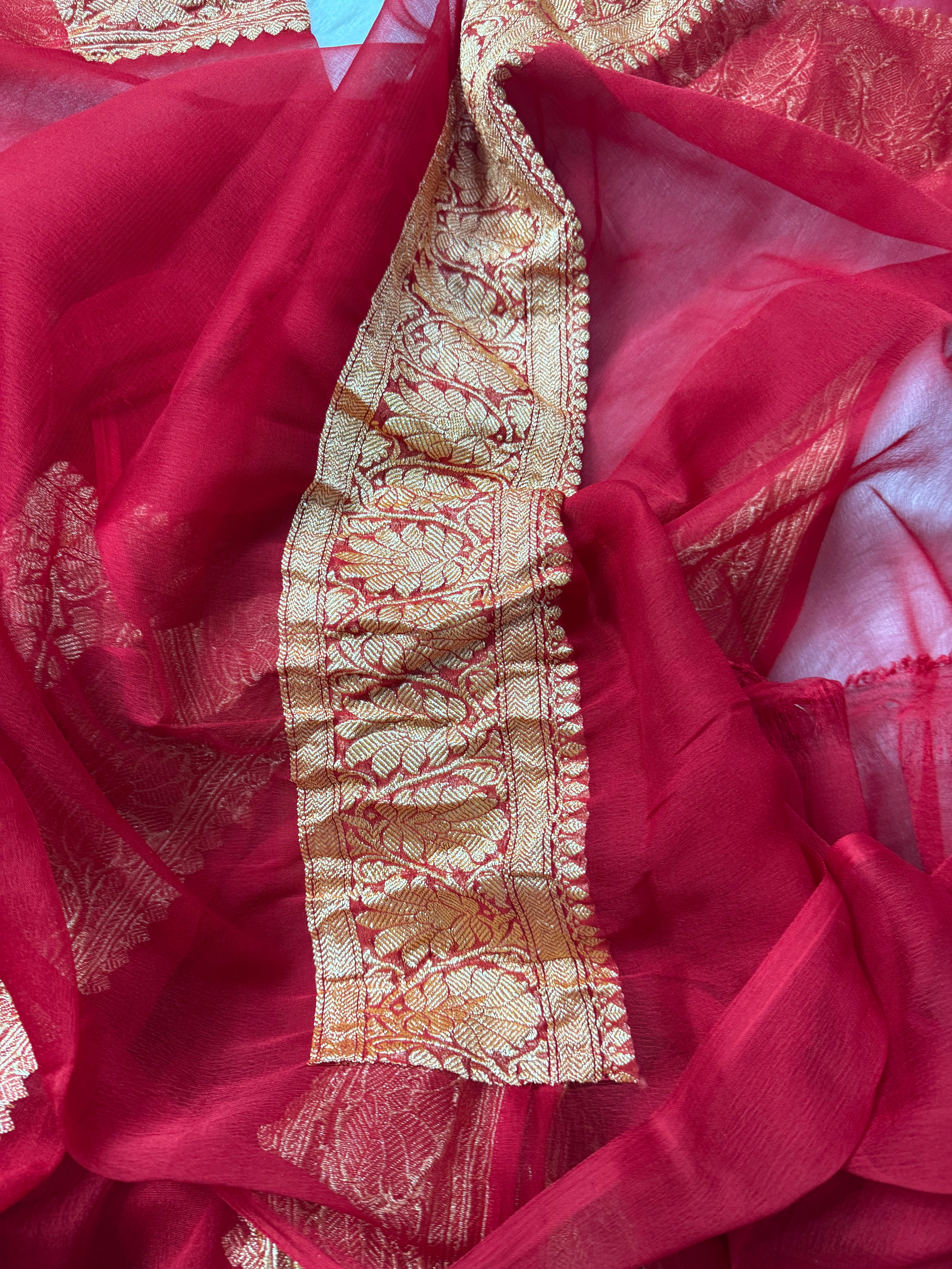 Red Pure Khaddi Chiffon Silk Banarasi Saree