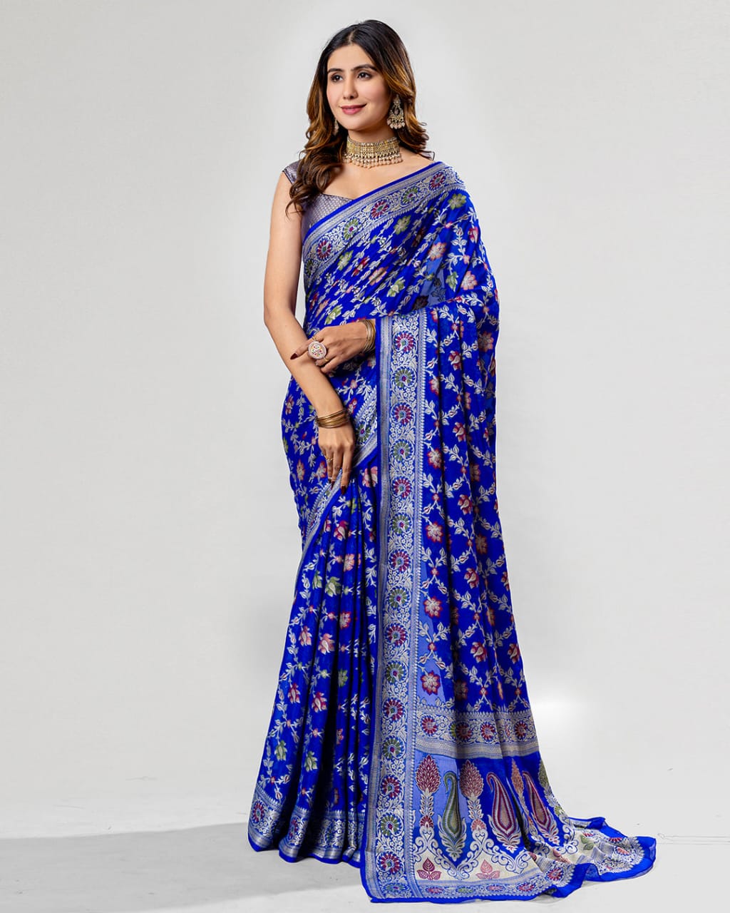 Royal Blue Pure Chiffon Silk Banarasi Saree