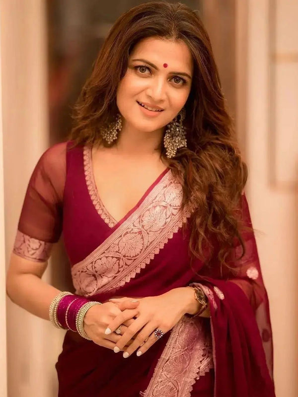 Maroon Pure Khaddi Chiffon Silk Banarasi Saree