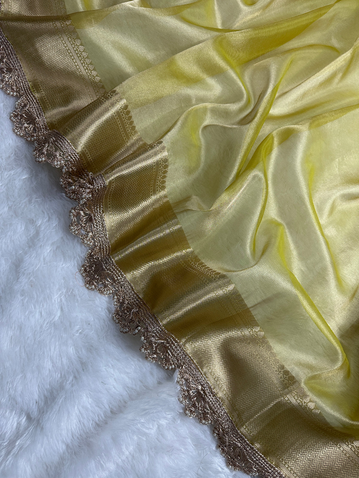 Lemon Beautiful Lace Border Tissue Silk Banarasi Saree