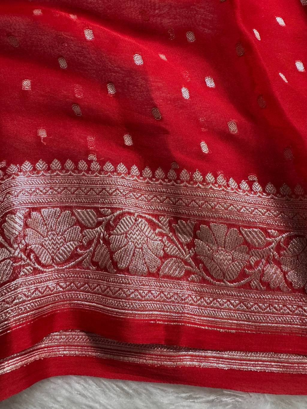 Red Pure Khaddi Chiffon Silk Banarasi Thousand Booti Saree
