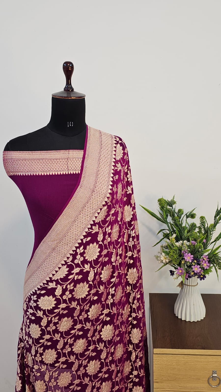 Deep Garnet Pure Khaddi Georgette Silk Banarasi Saree