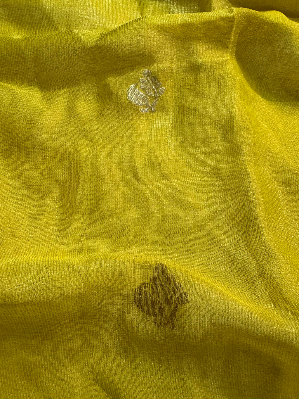 Yellow Pure Khaddi Tissue Chiffon Sona & Roopa Meenakari Banarasi Saree