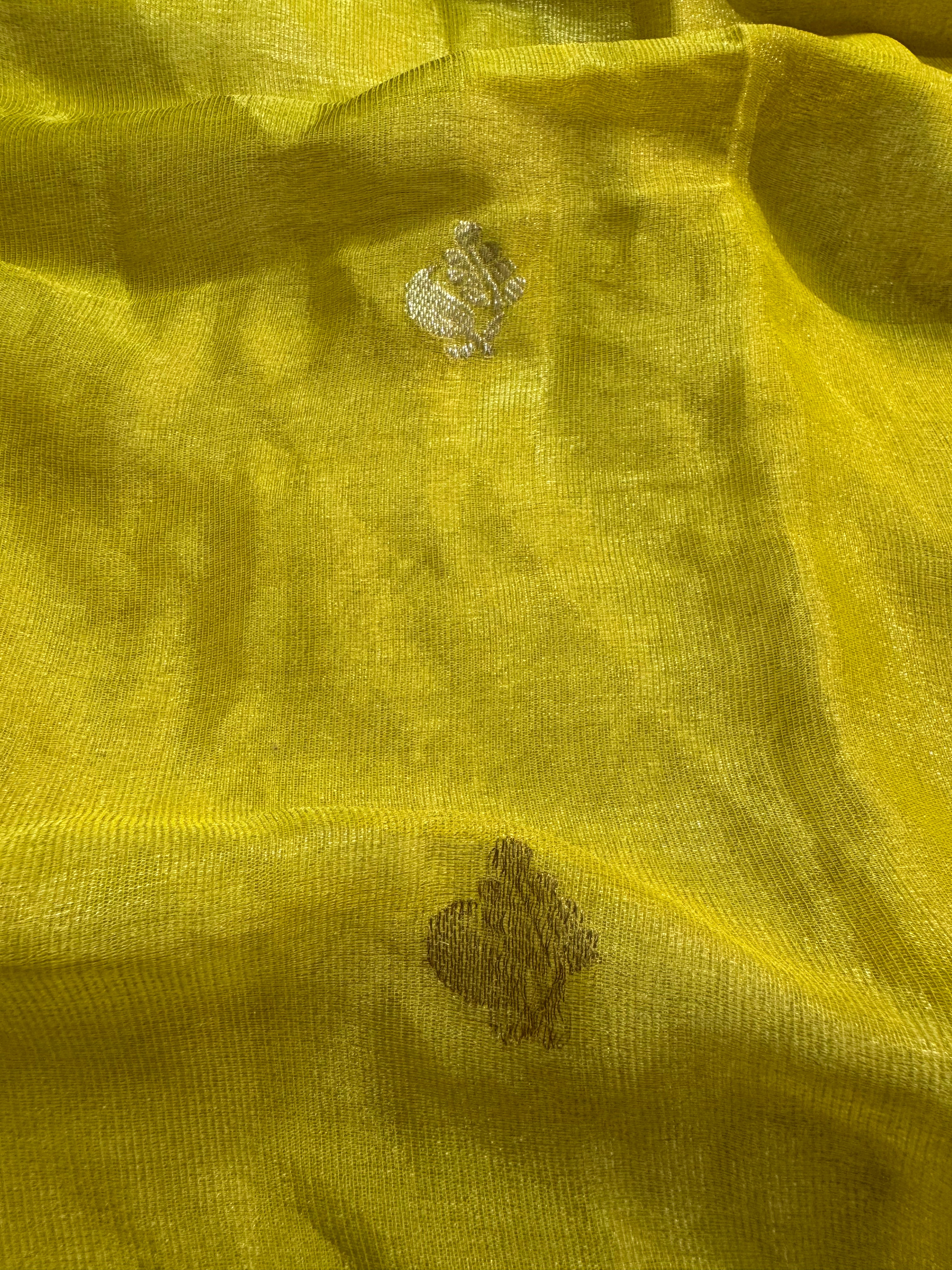 Yellow Pure Khaddi Tissue Chiffon Sona & Roopa Meenakari Banarasi Saree
