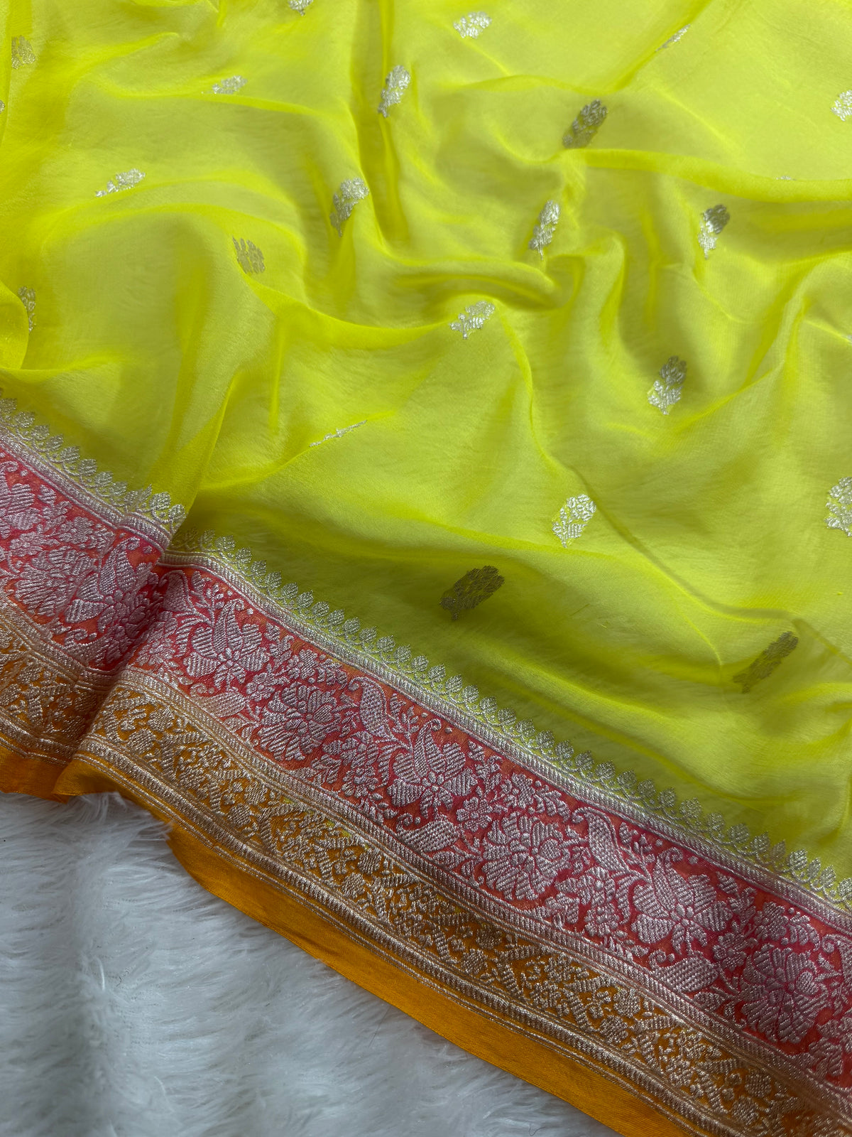 Lemon 3D Pure Khaddi Chiffon Silk Banarasi Saree