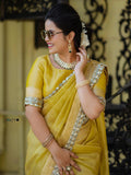 Modern Mirror Work Banarasi Crush Tissue Saree with Handmade Mirror Cutwork Laces