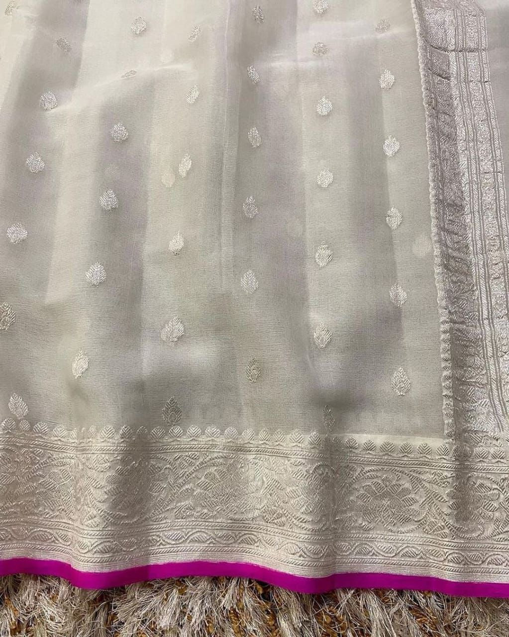 Ivory & Rani Pink Pure Khaddi Chiffon Silk Banarasi Saree