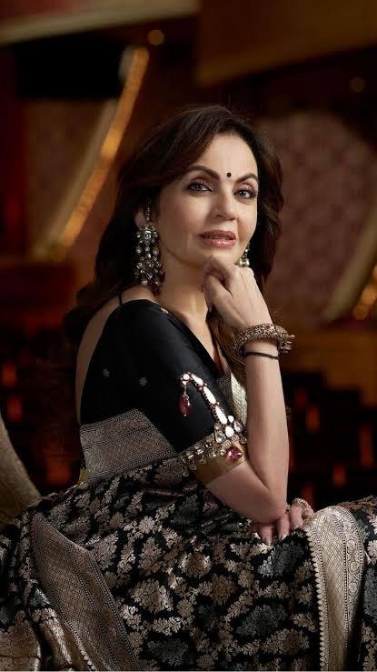 Nita Ambani Black Pure Katan Silk Banarasi All Over Sona Roopa Jall Work Saree