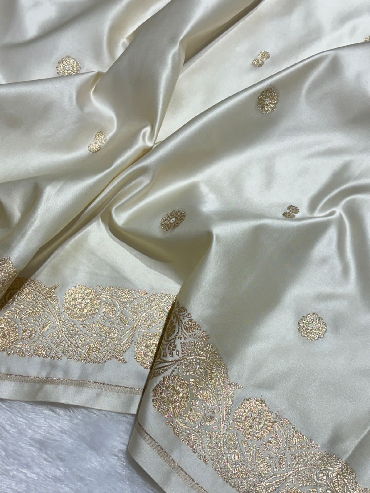 Ivory Mashru Katan Silk Banarasi Saree
