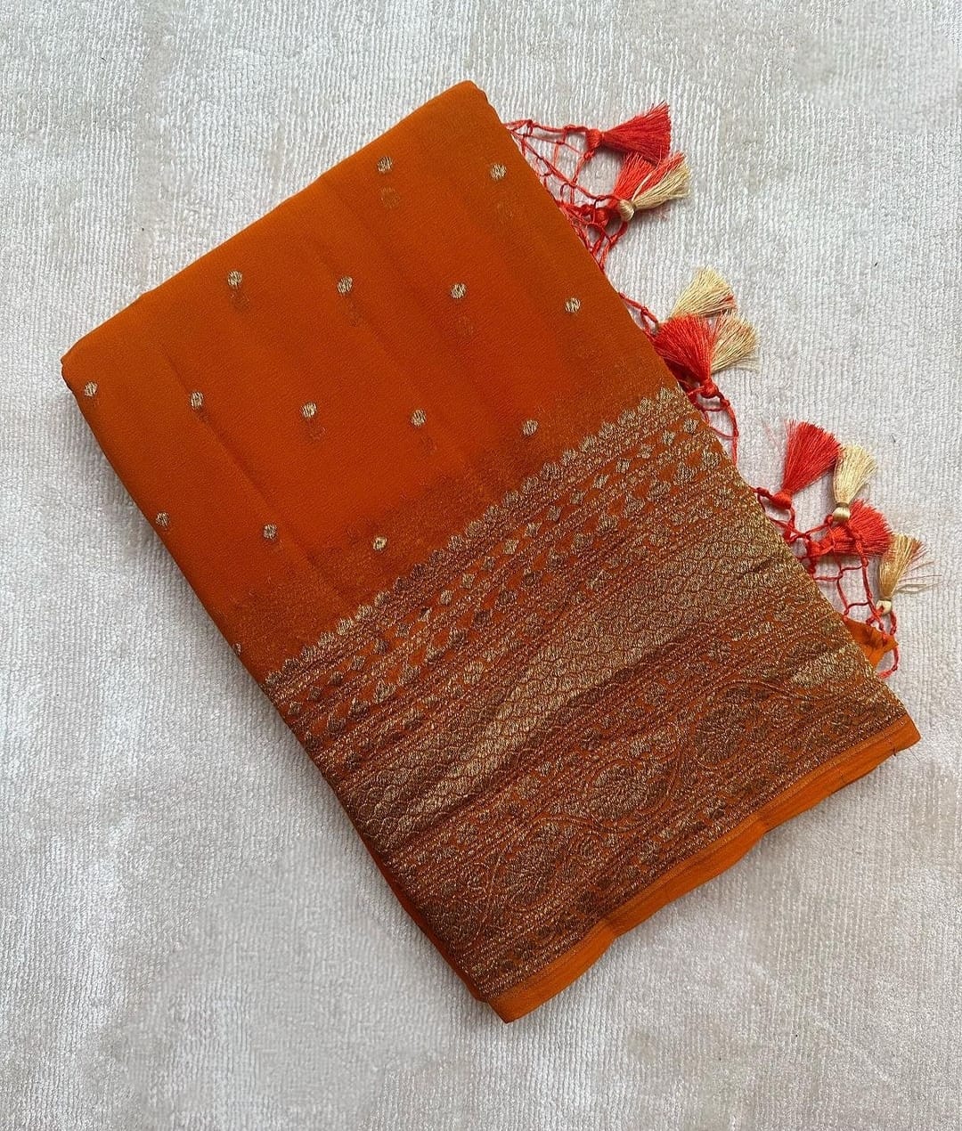 Burnt Orange Pure Khaddi Georgette Silk Banarasi Big Border Dana Saree