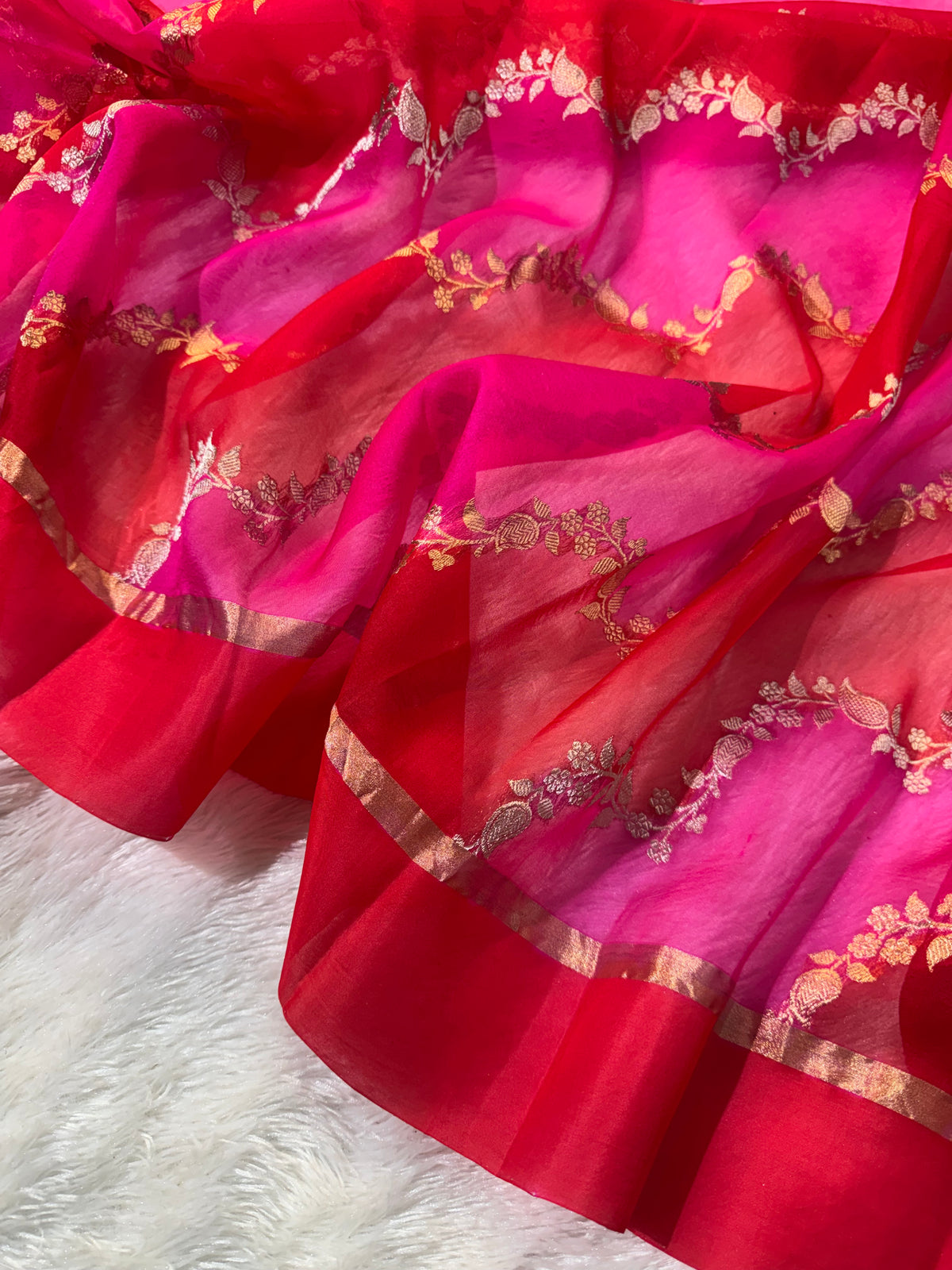Rangkat Red Rani Pure Kora Organza Silk Banarasi Saree