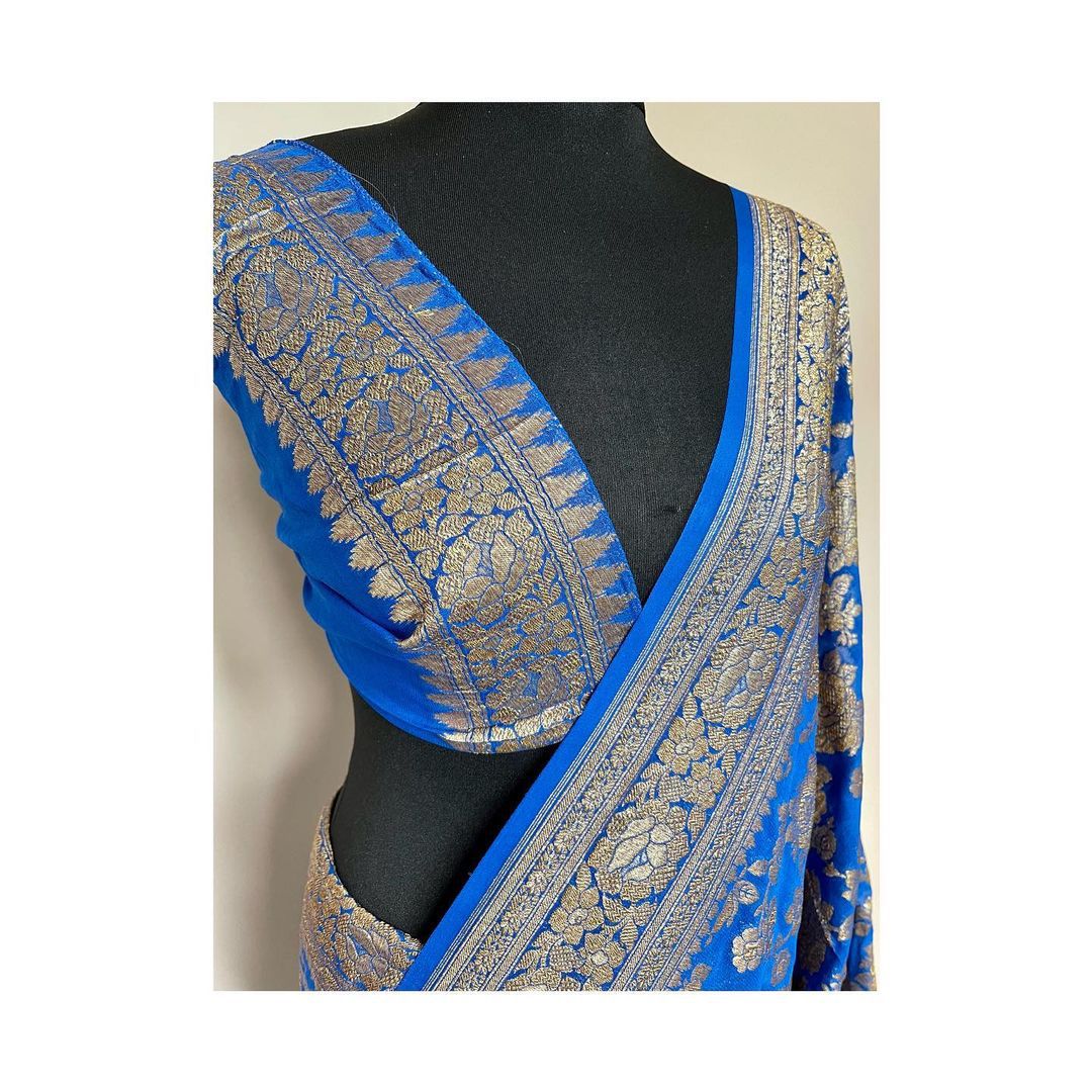 Royal Blue Pure Khaddi Georgette Silk Banarasi Saree