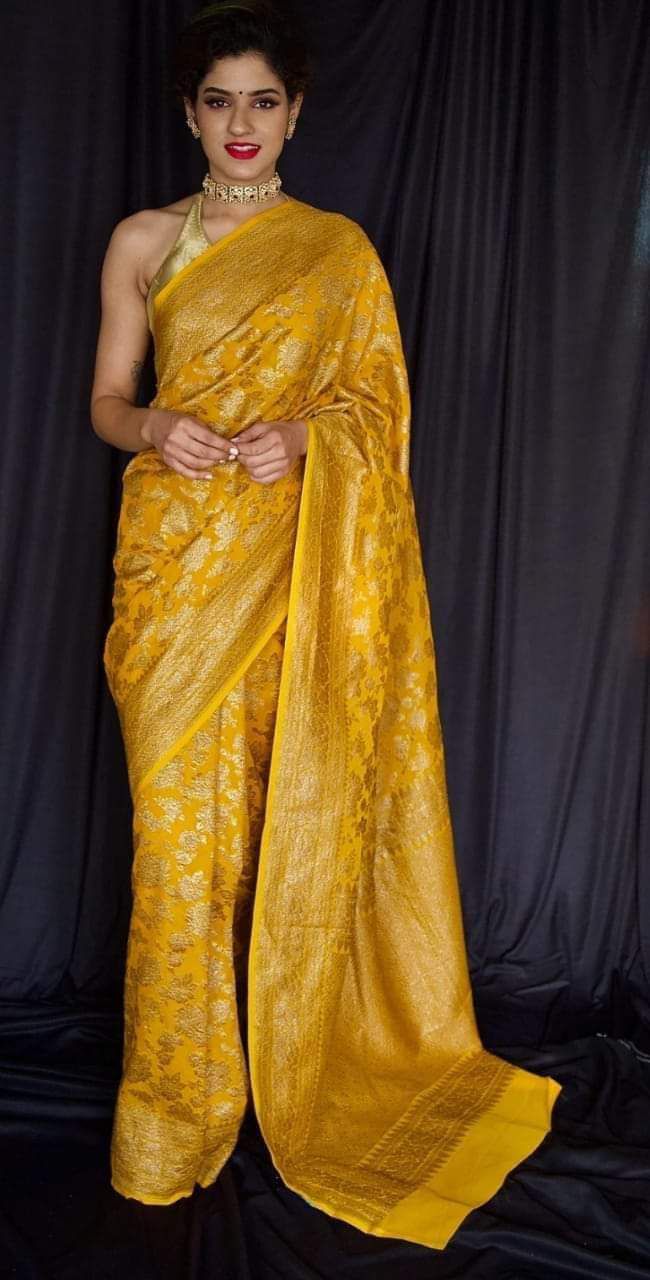 Mustard Yellow Pure Khaddi Georgette Silk Banarasi Saree