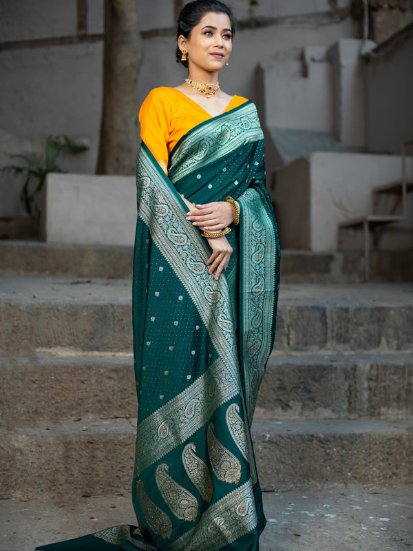Bottle Green Swarovski Intricate Stone Work Banarasi Mashru Silk Saree