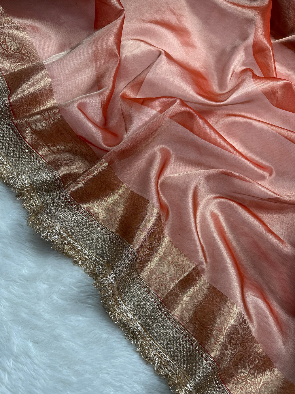 Peach Beautiful Lace Border Tissue Silk Banarasi Saree