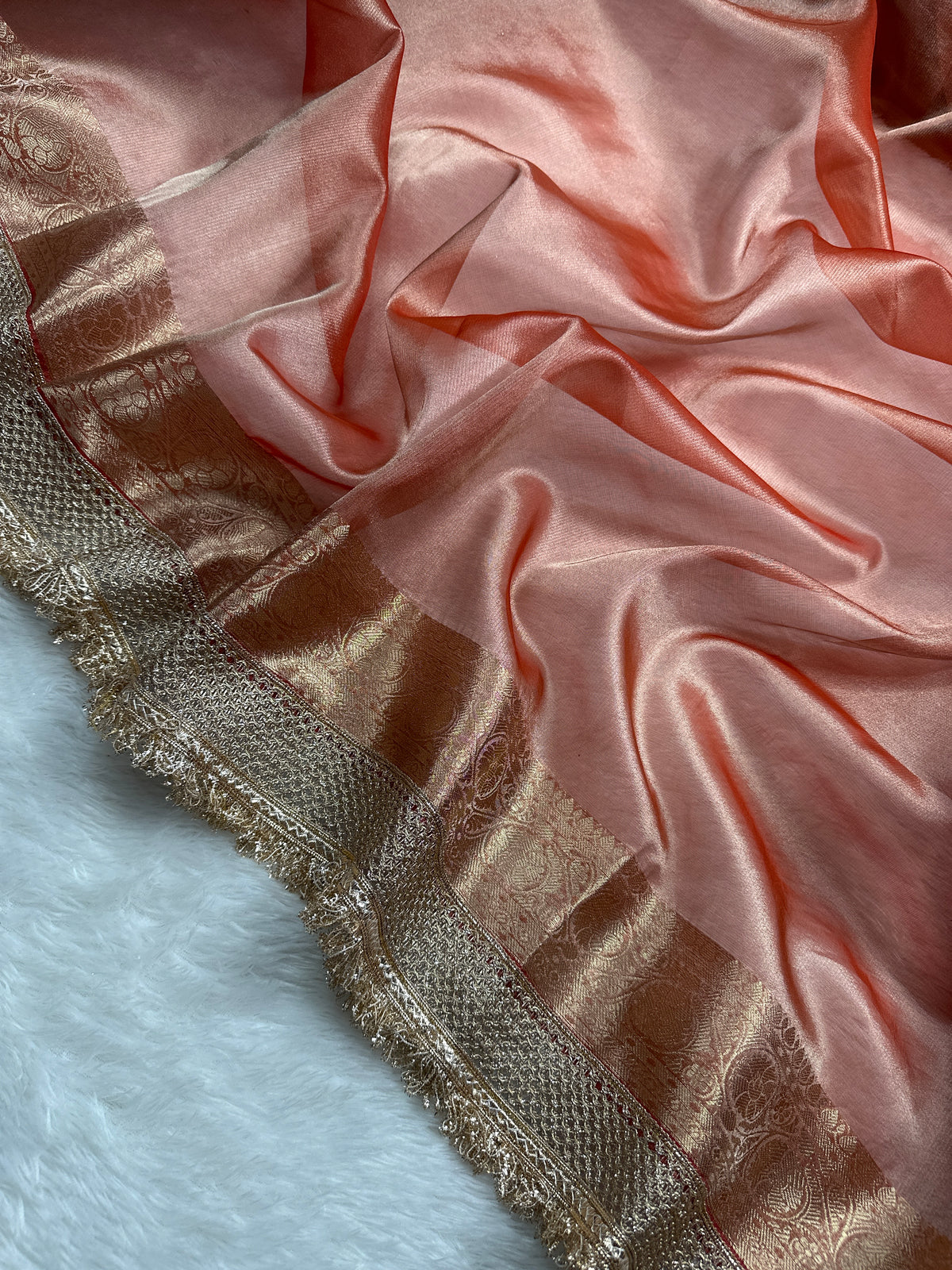Peach Beautiful Lace Border Tissue Silk Banarasi Saree