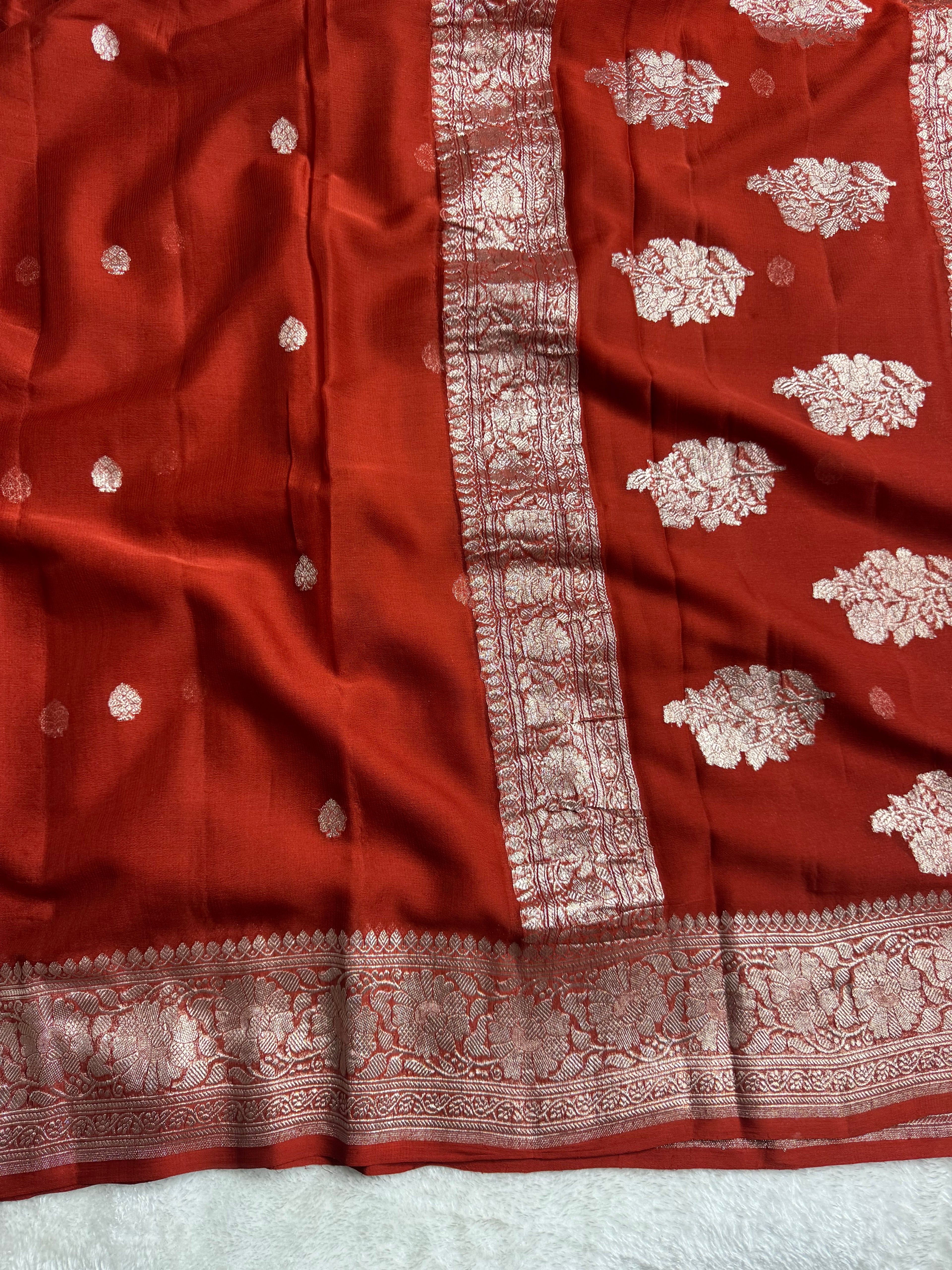 Rust Pure Khaddi Chiffon Silk Banarasi Saree