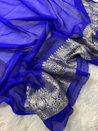 Royal Blue Pure Khaddi Georgette Silk Banarasi Saree