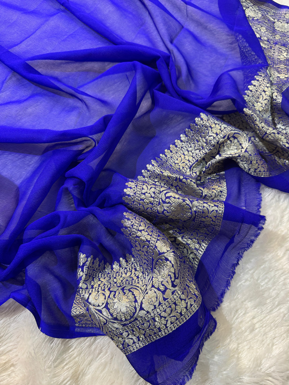 Royal Blue Pure Khaddi Georgette Silk Banarasi Saree