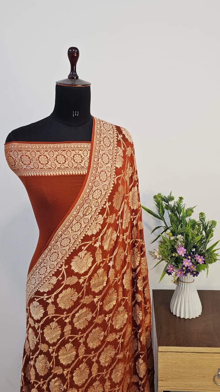 Brick Pure Khaddi Georgette Silk Banarasi Saree