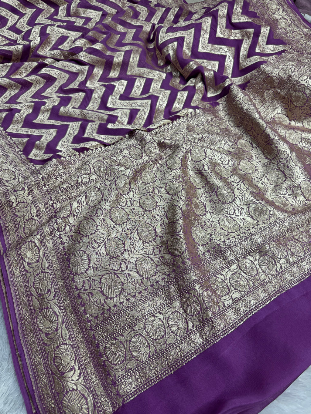 Regel Purple Pure Khaddi Georgette Silk Banarasi Stripe Saree