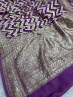 Regel Purple Pure Khaddi Georgette Silk Banarasi Stripe Saree