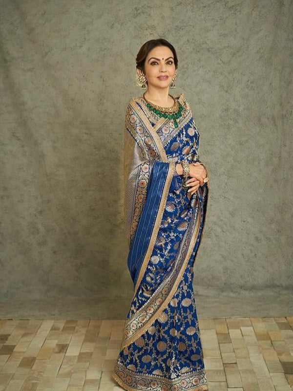 Nita Ambani Royal Blue Pure Katan Meenakari Jall Handloom Banarasi Silk Saree