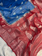 Azure Blue & Red Double Borders Pure Khaddi Chiffon Silk Banarasi Saree