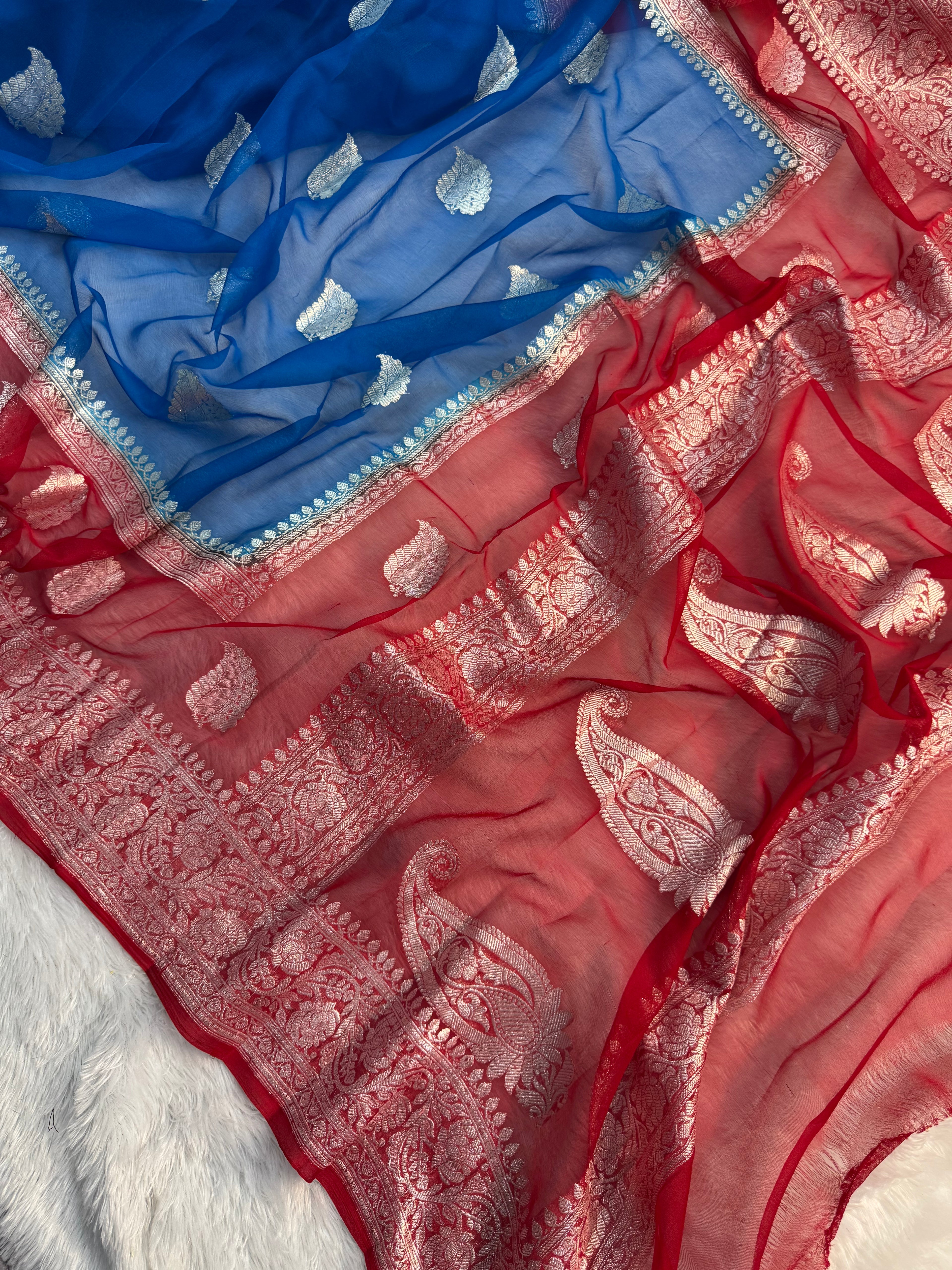 Azure Blue & Red Double Borders Pure Khaddi Chiffon Silk Banarasi Saree