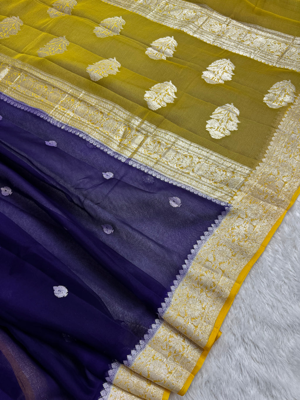 Navy Blue & Yellow Pure Khaddi Chiffon Silk Banarasi Saree