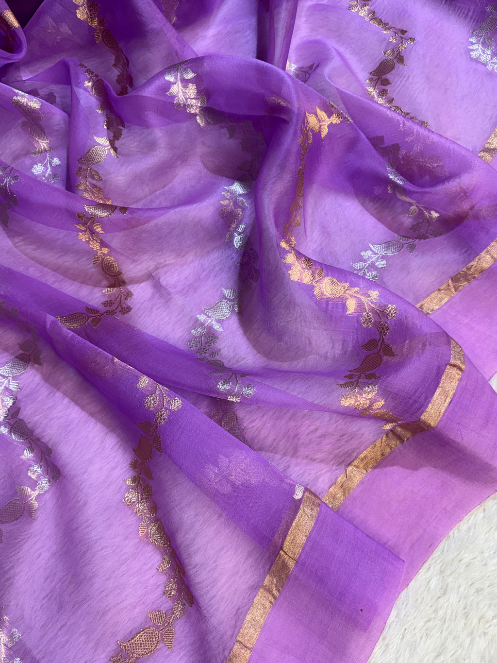 Lavender Stripe Sona & Roopa Pure Kora Organza Silk Banarasi Saree