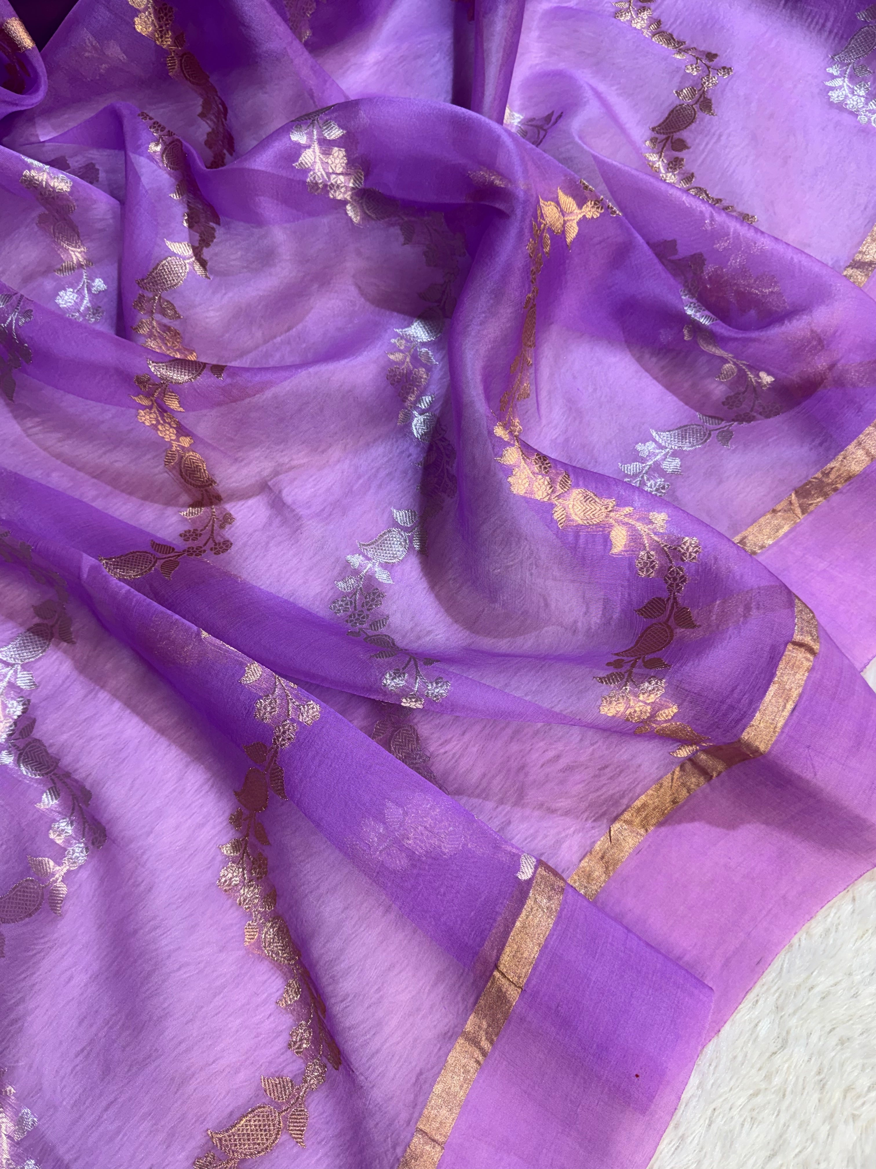 Lavender Stripe Sona & Roopa Pure Kora Organza Silk Banarasi Saree