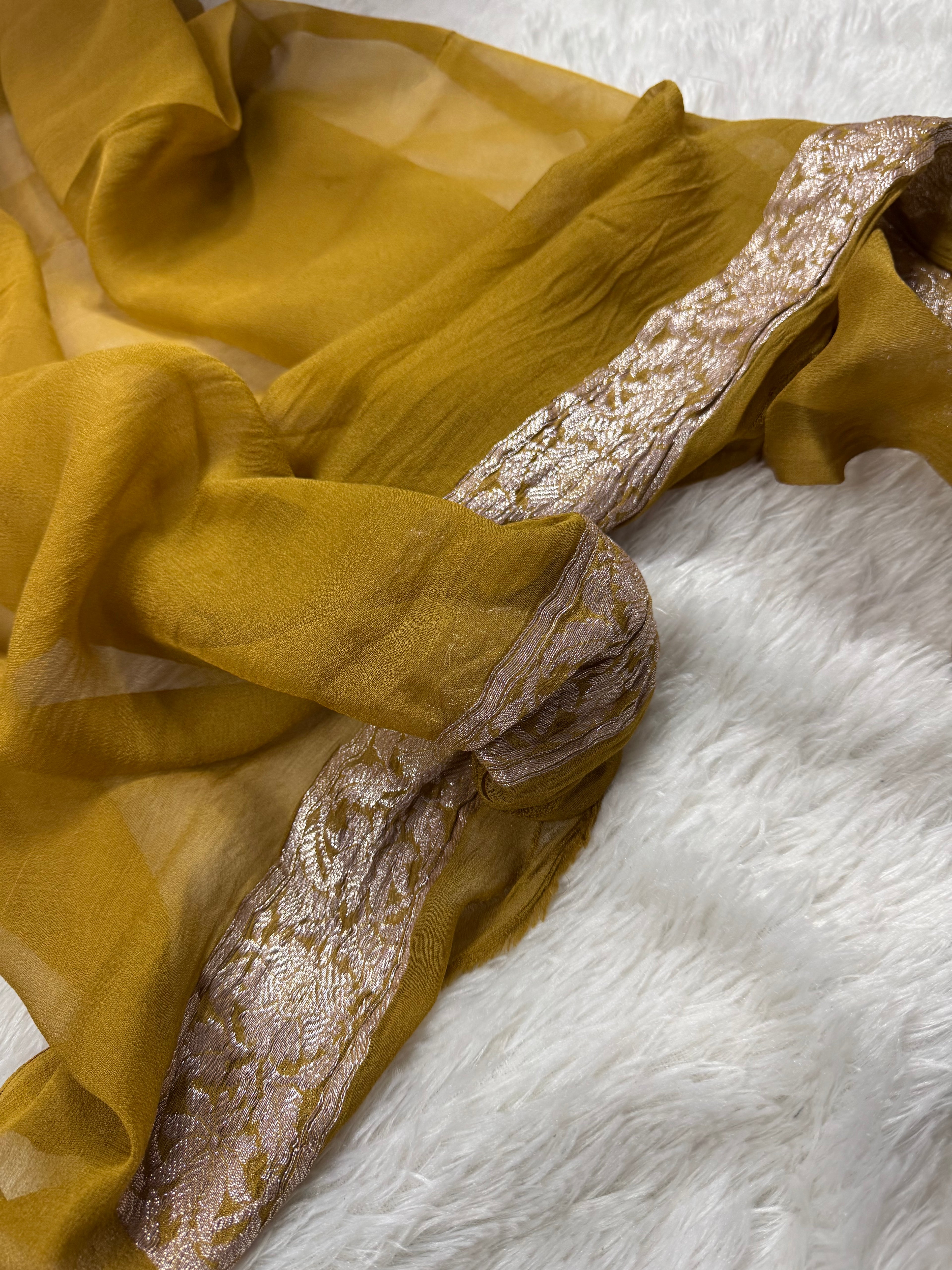 Golden Mustard Pure Khaddi Chiffon Silk Banarasi Saree
